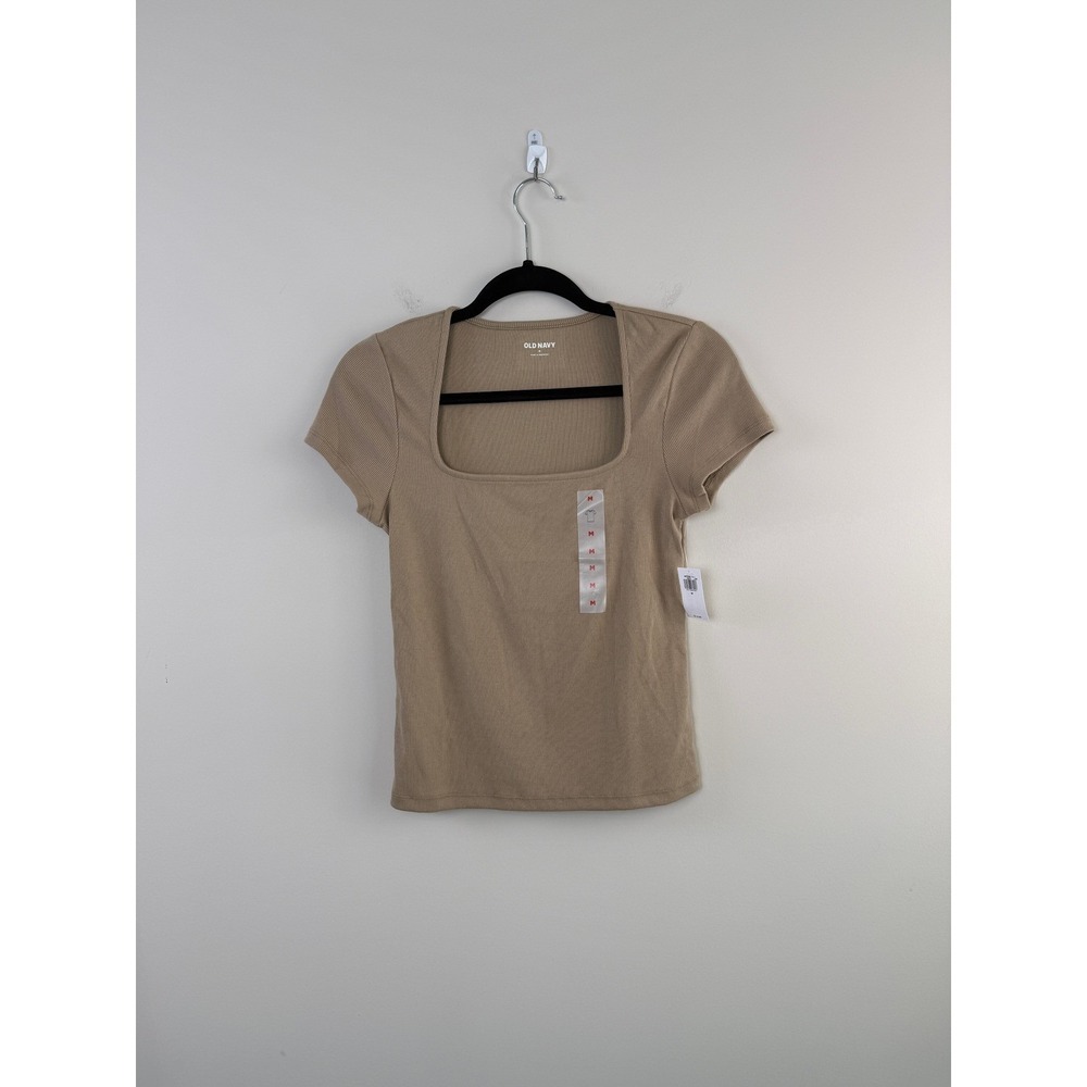 NEW Old Navy T-Shirt Women Medium Tan Ribbed Square Neck Short Sleeve
